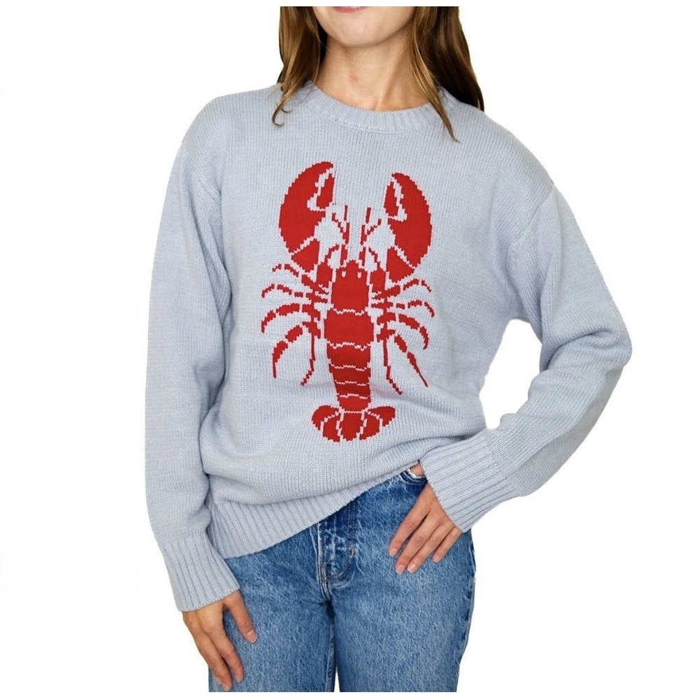 Mighty Fine Women Light Blue Lobster Graphic Crewneck Sweater Large New